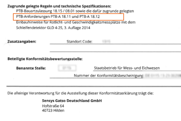 Ausschnitt aus der Konformitätserklärung GATSO GTC-GS11